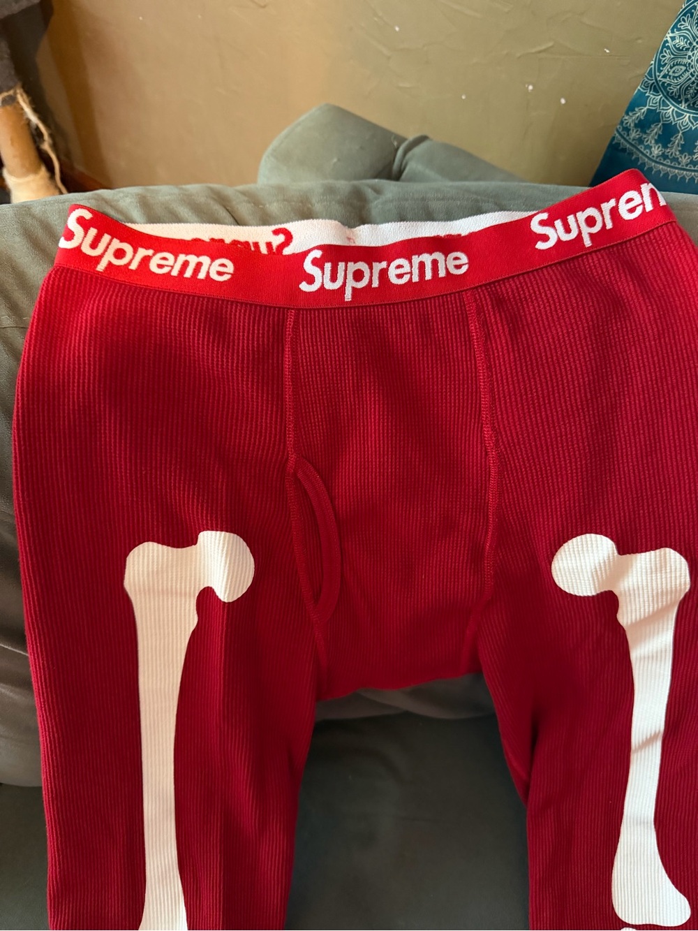 New Supreme Red Ribbed Sweatpants with White Bone Graphics